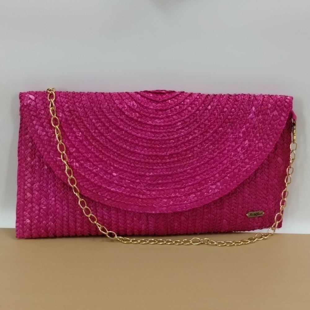 Sun n Sand straw woven clutch purse pink detachable chain strap 14"